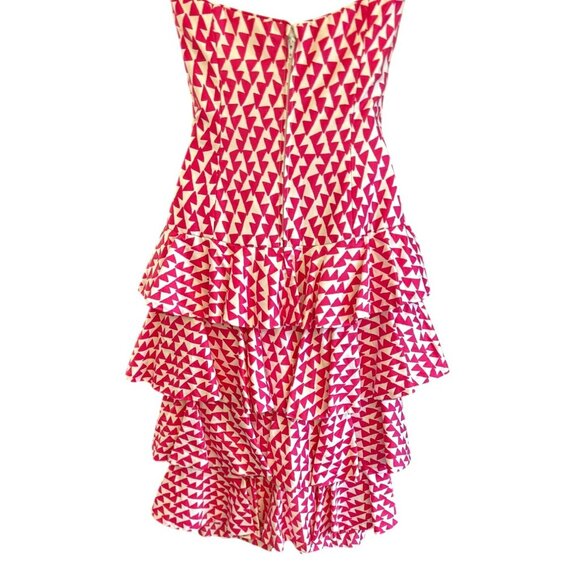1980 Vintage AJ Bari Pink White Geometric Ruffle Tiered Knee Length Dress Size 4 - Picture 4 of 5